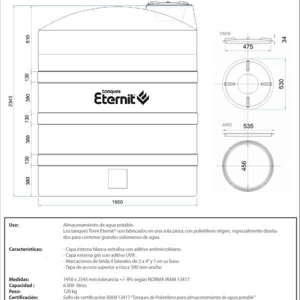 Tanque De Agua Tricapa Eternit Torre Lts Materialespro